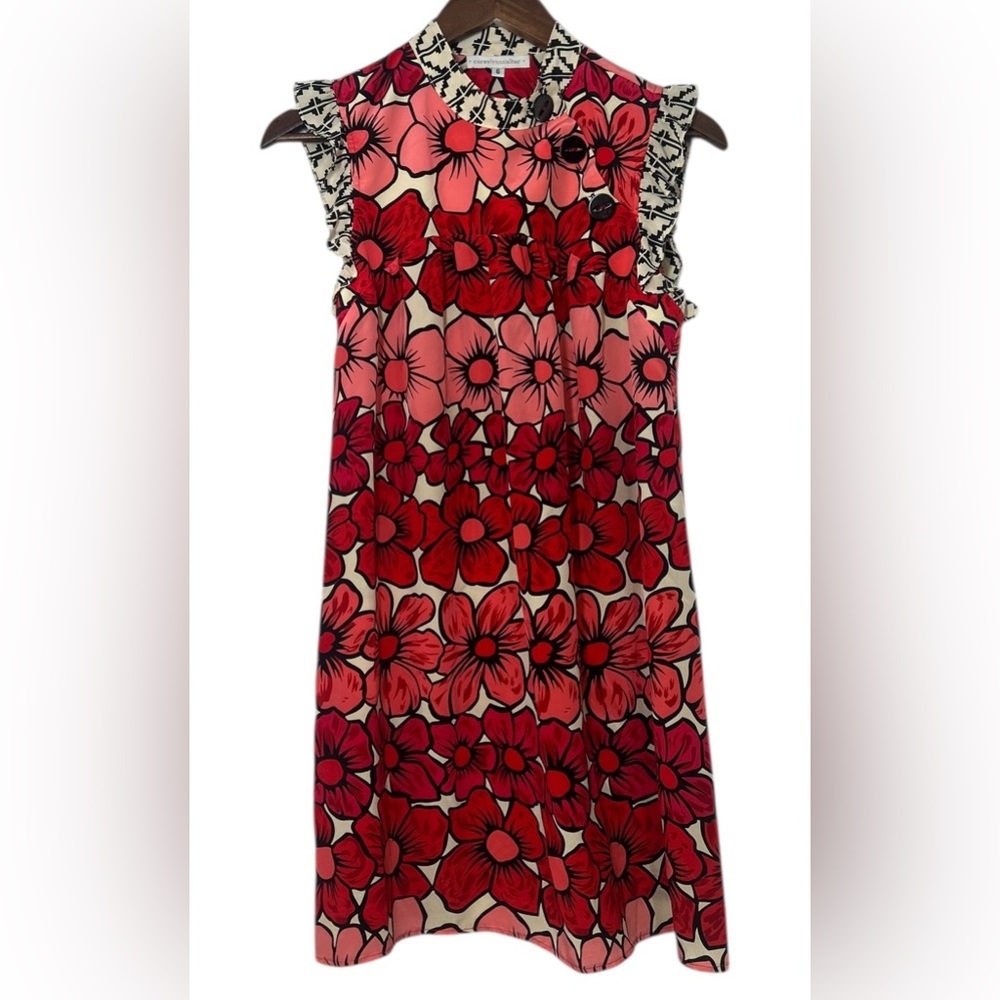 coreylynncalter Red Pink Floral Print Mini SILK Dress Ruffle Cap Sleeves Size 6